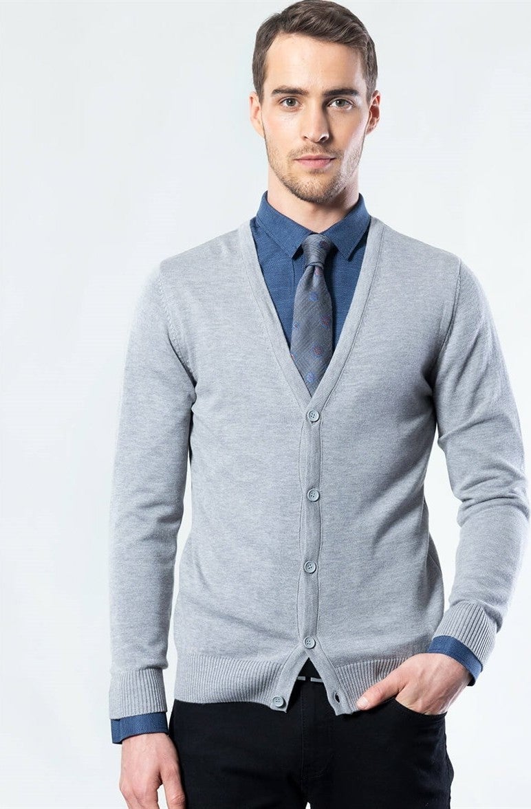 Buttoned Gray Plain Men's Cardigan