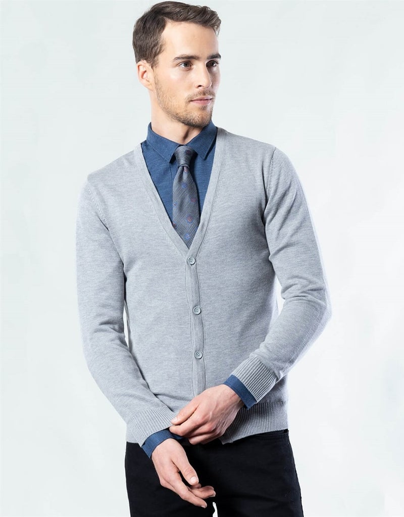 Buttoned Gray Plain Men's Cardigan