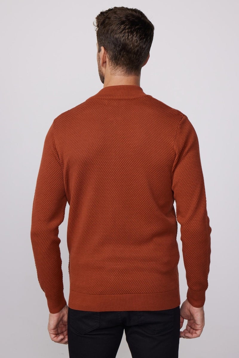 Patterned Half Turtleneck Zippered Cinnamon Men's Cardigan