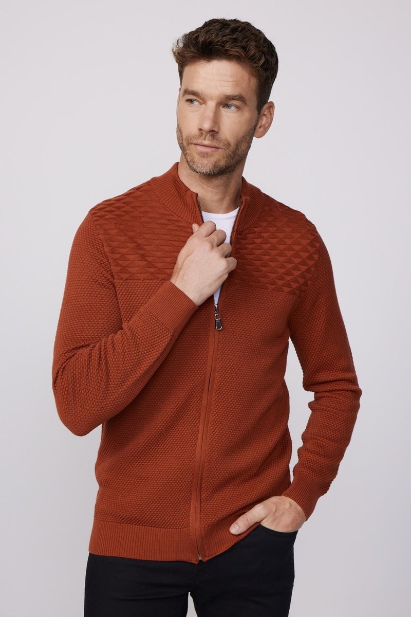 Patterned Half Turtleneck Zippered Cinnamon Men's Cardigan