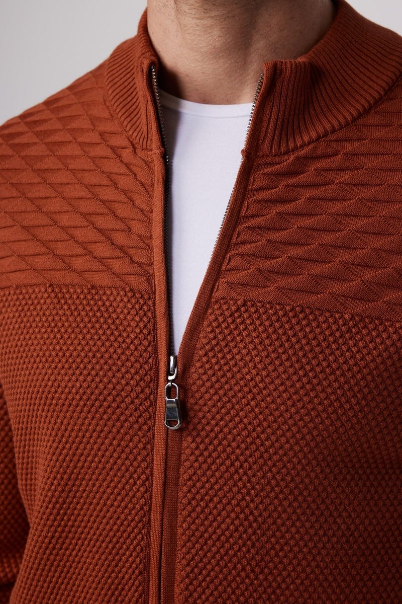 Patterned Half Turtleneck Zippered Cinnamon Men's Cardigan