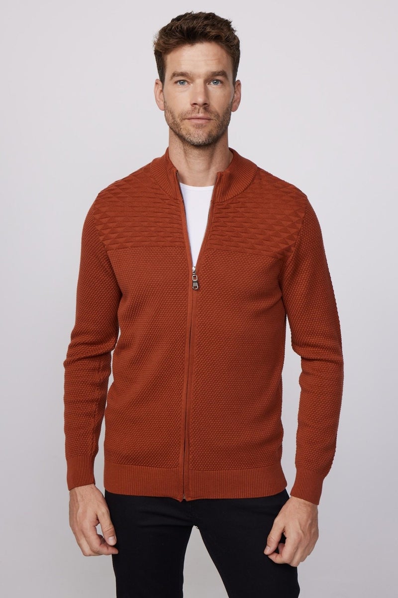 Patterned Half Turtleneck Zippered Cinnamon Men's Cardigan