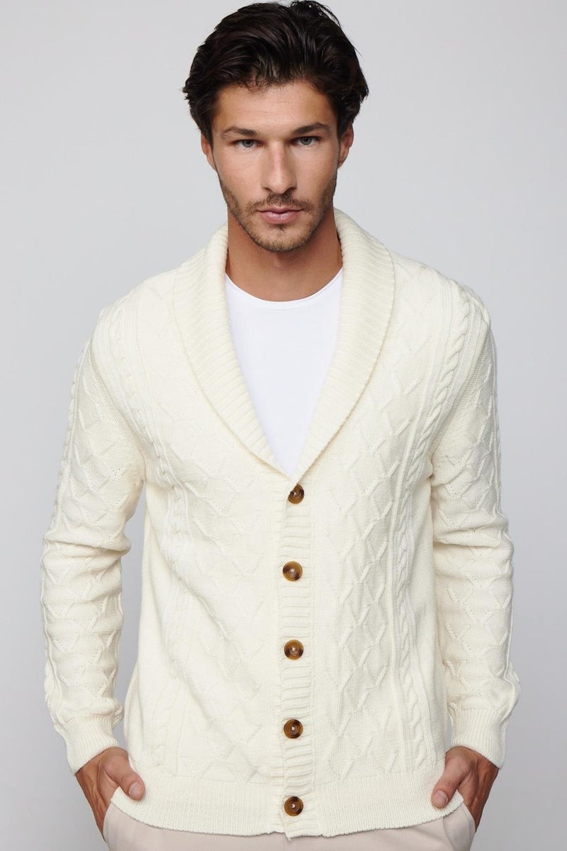 Slim Fit Slim Fit Patterned Soft Textured Buttoned Ecru Men's Cardigan