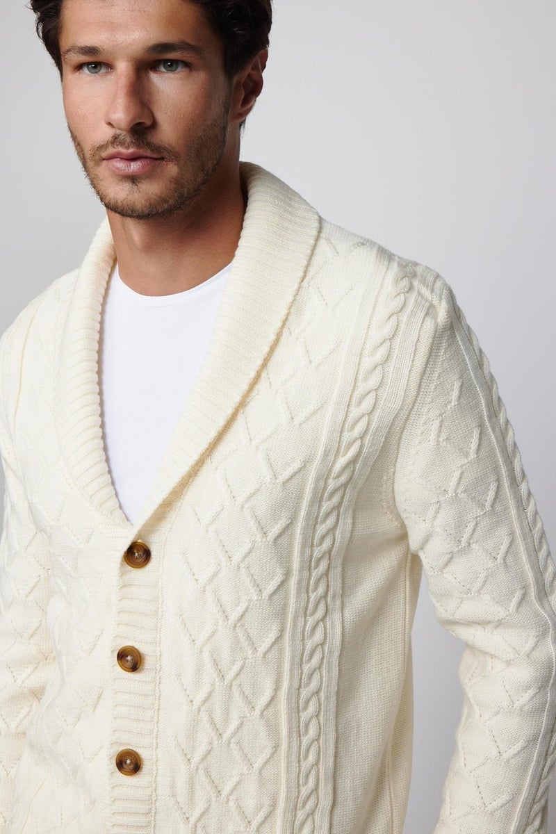 Slim Fit Slim Fit Patterned Soft Textured Buttoned Ecru Men's Cardigan