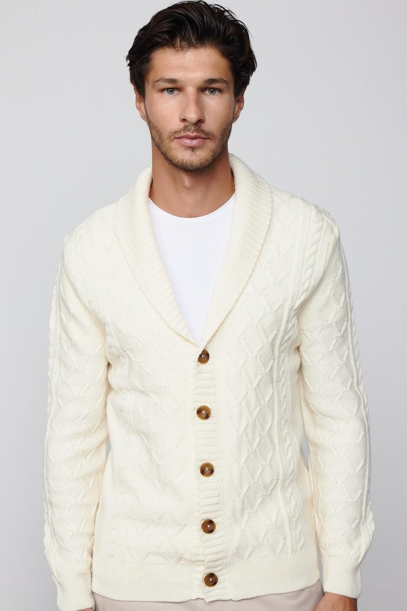 Slim Fit Slim Fit Patterned Soft Textured Buttoned Ecru Men's Cardigan