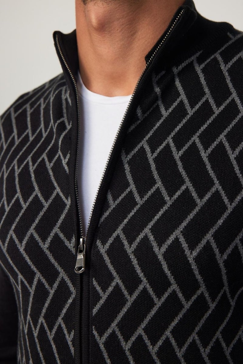 Men's Slim Fit Slim Cut Half Turtleneck Zippered Front Patterned Cardigan