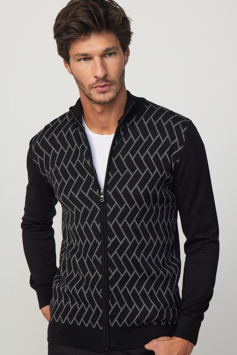 Men's Slim Fit Slim Cut Half Turtleneck Zippered Front Patterned Cardigan