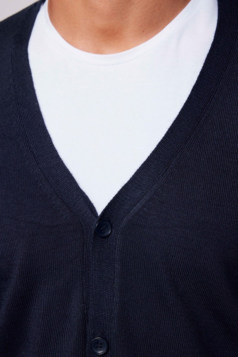 Men's Slim Fit, Narrow Cut Buttoned Plain, Pilling-Free, Soft Textured Navy Blue Cardigan