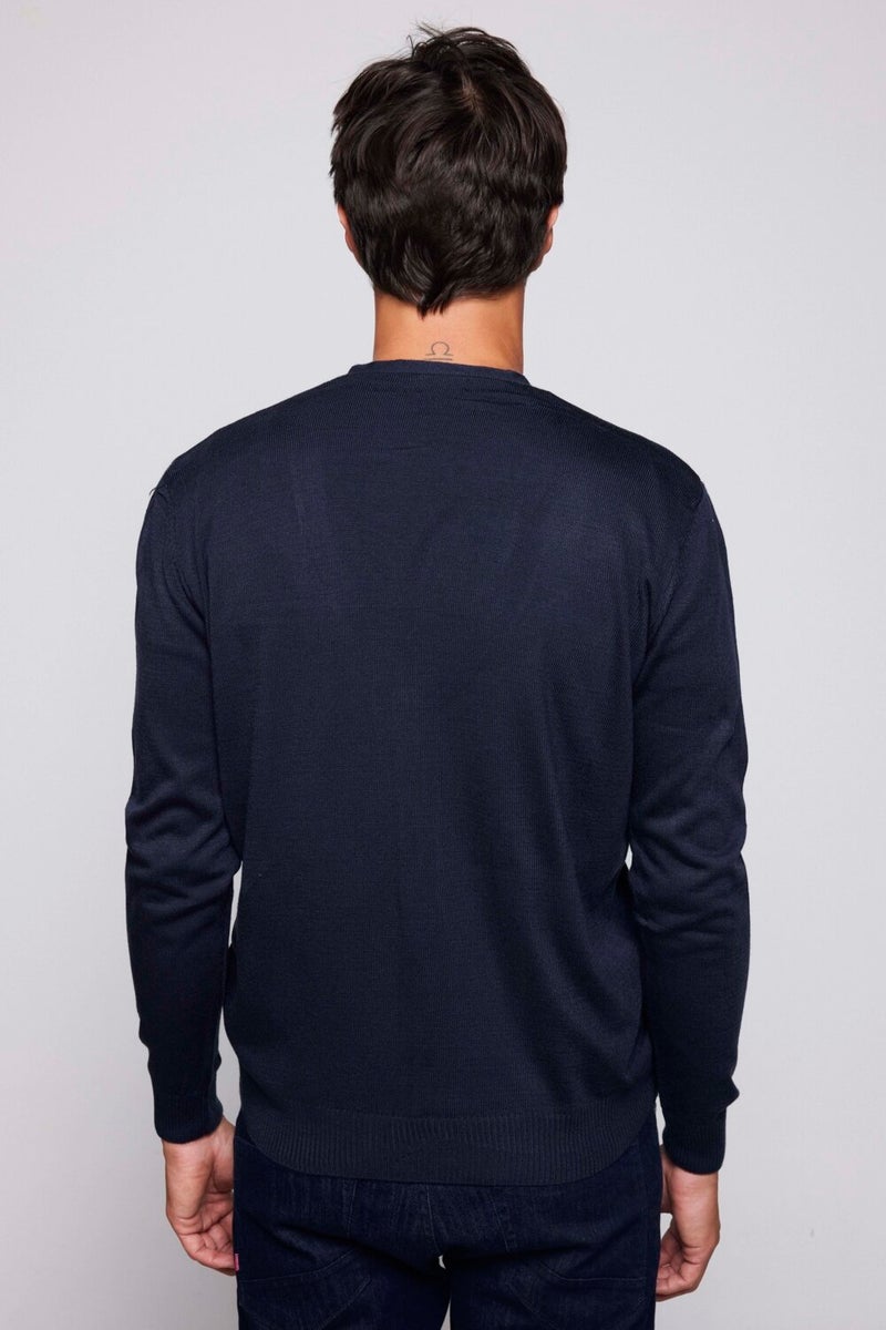 Men's Slim Fit, Narrow Cut Buttoned Plain, Pilling-Free, Soft Textured Navy Blue Cardigan