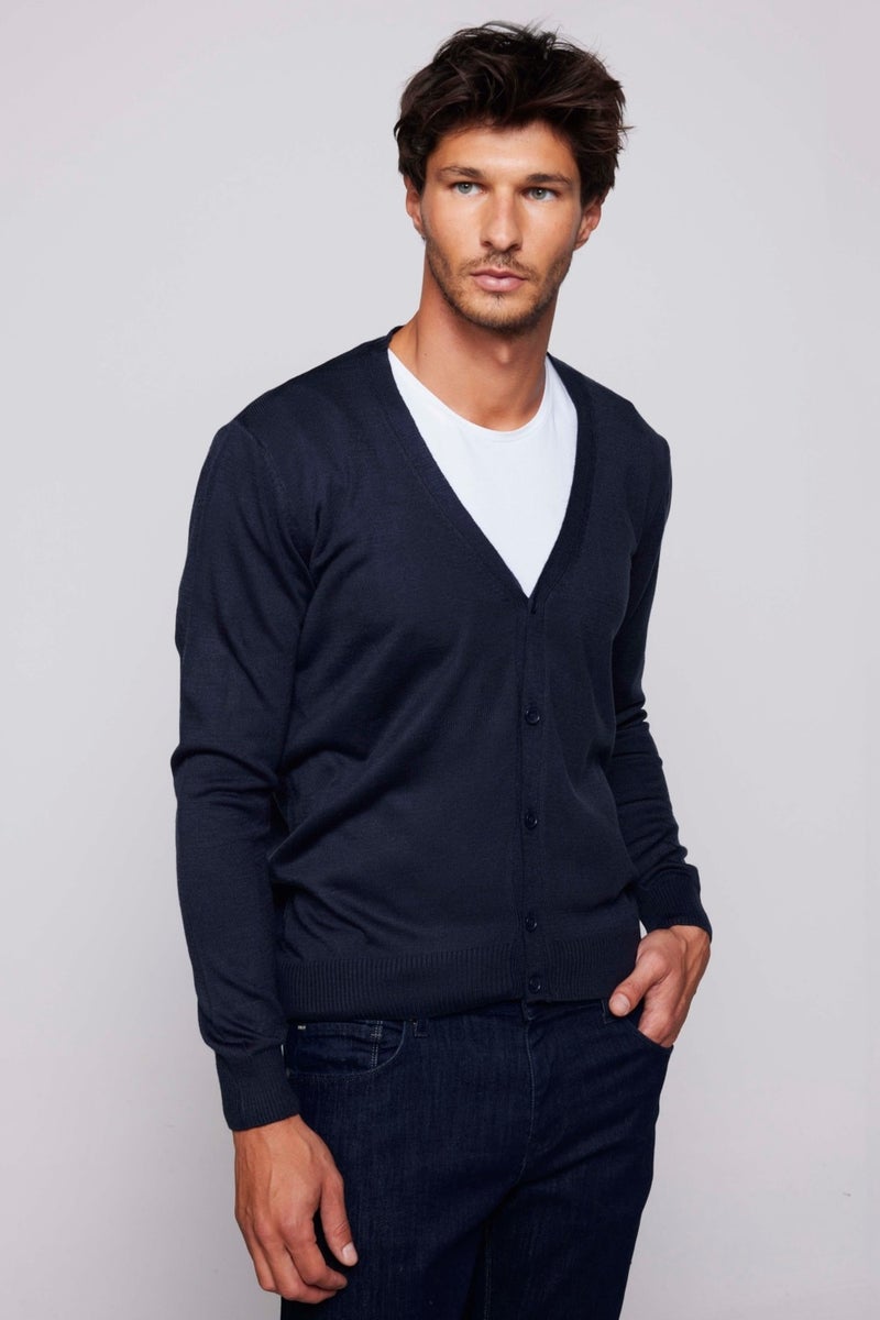 Men's Slim Fit, Narrow Cut Buttoned Plain, Pilling-Free, Soft Textured Navy Blue Cardigan