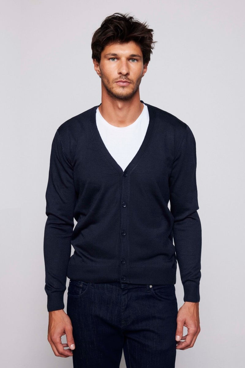 Men's Slim Fit, Narrow Cut Buttoned Plain, Pilling-Free, Soft Textured Navy Blue Cardigan