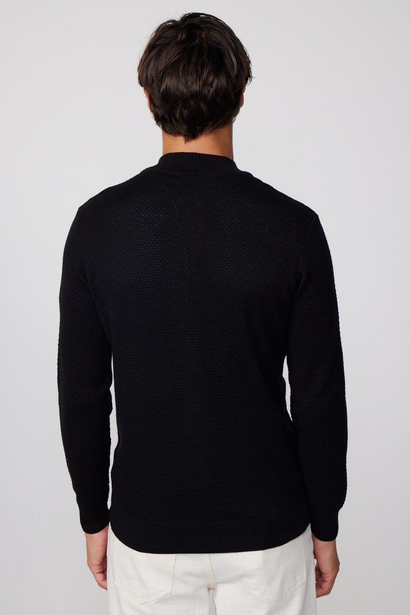 Patterned Half Turtleneck Zippered Men's Black Cardigan