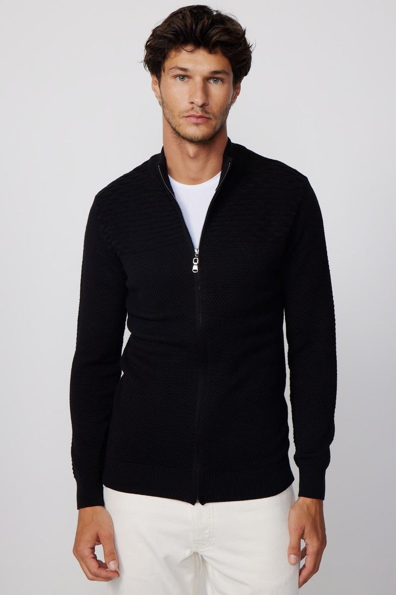 Patterned Half Turtleneck Zippered Men's Black Cardigan