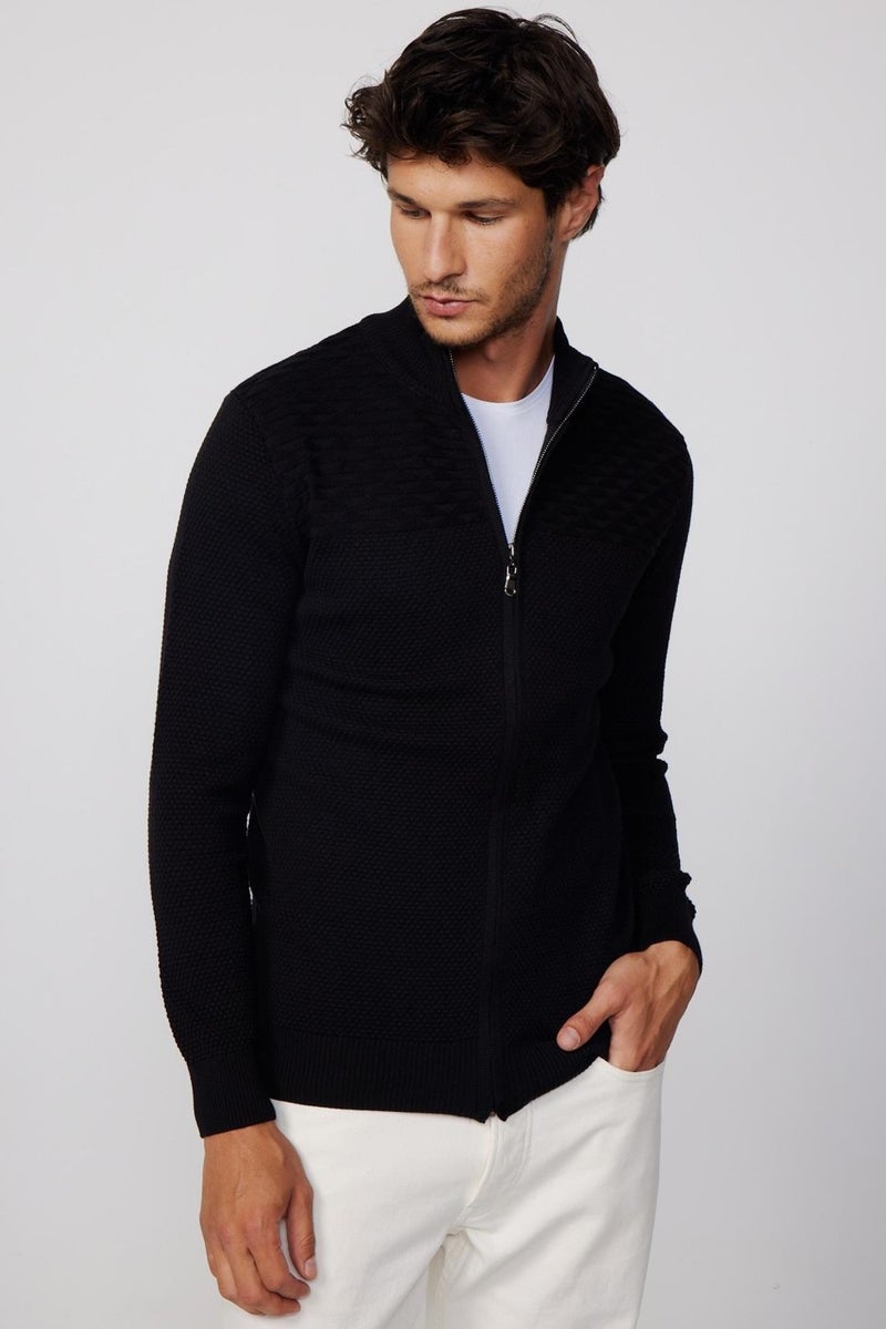 Patterned Half Turtleneck Zippered Men's Black Cardigan