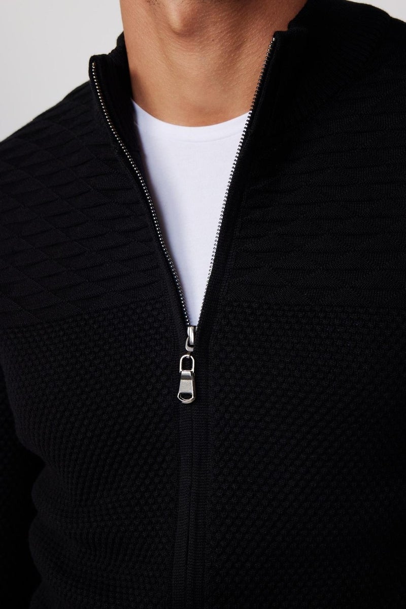 Patterned Half Turtleneck Zippered Men's Black Cardigan