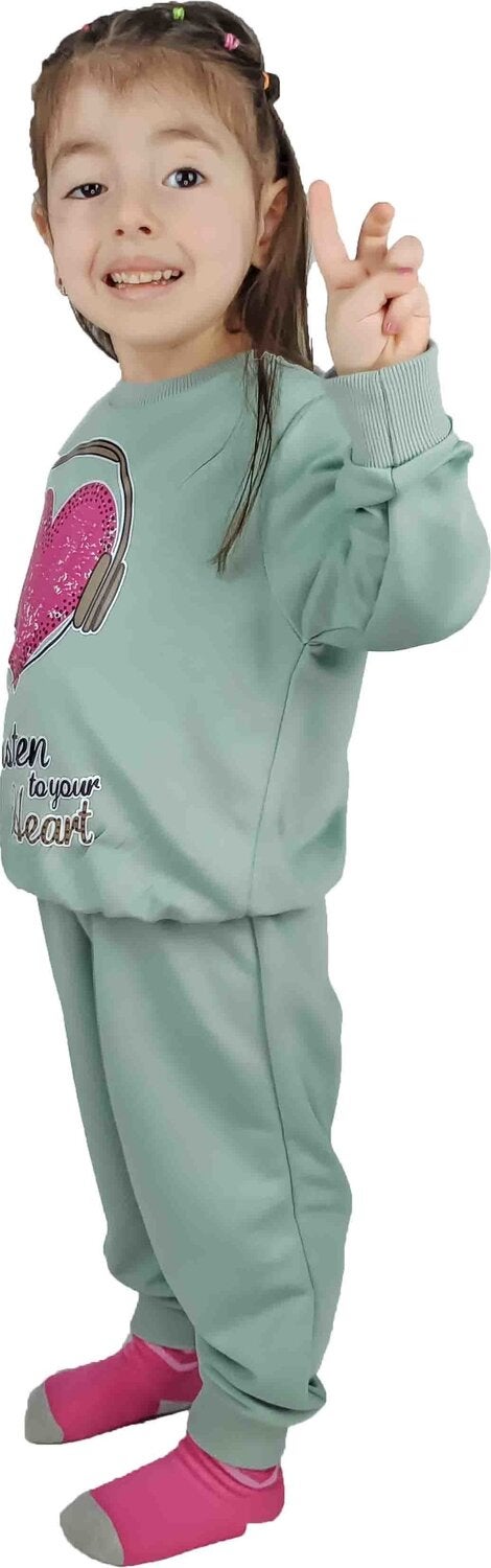 Girl's Green Printed Cotton Tracksuit Set