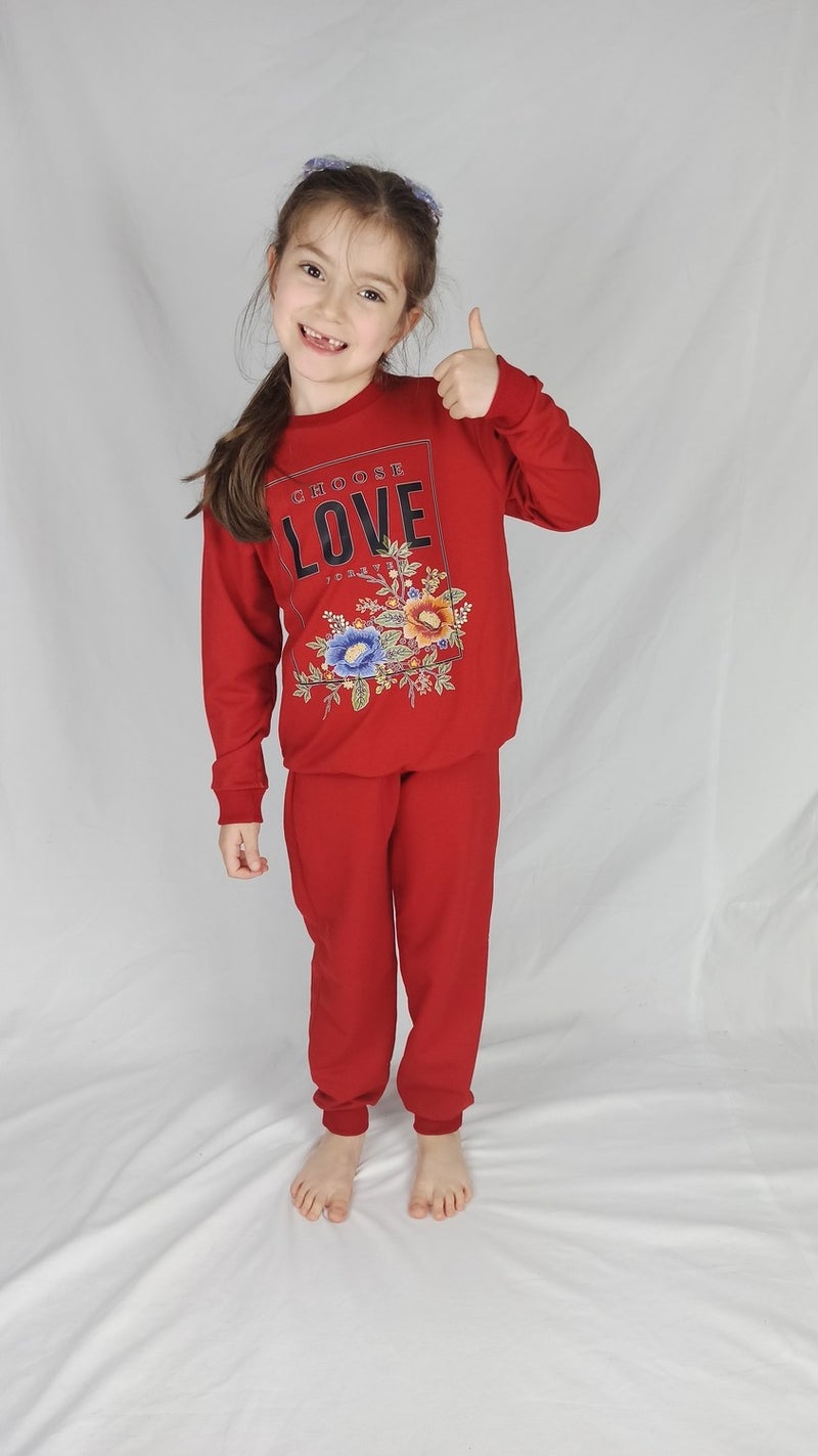 Girl Waiter Red Printed Cotton Tracksuit Set