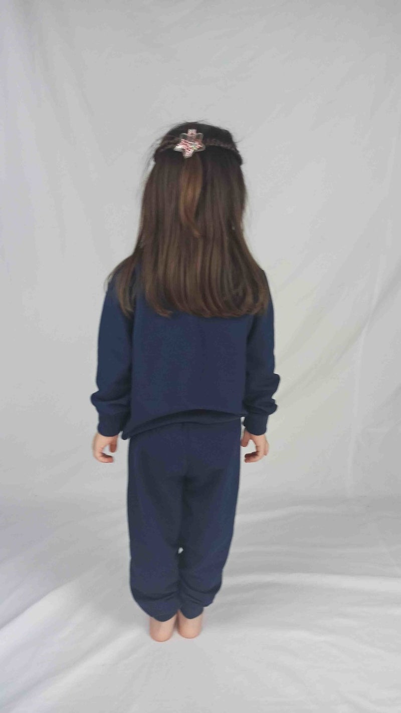 Girl's Navy Blue Printed Cotton Tracksuit Set