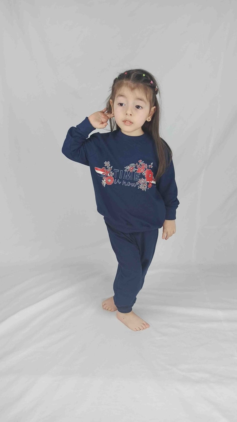 Girl's Navy Blue Printed Cotton Tracksuit Set