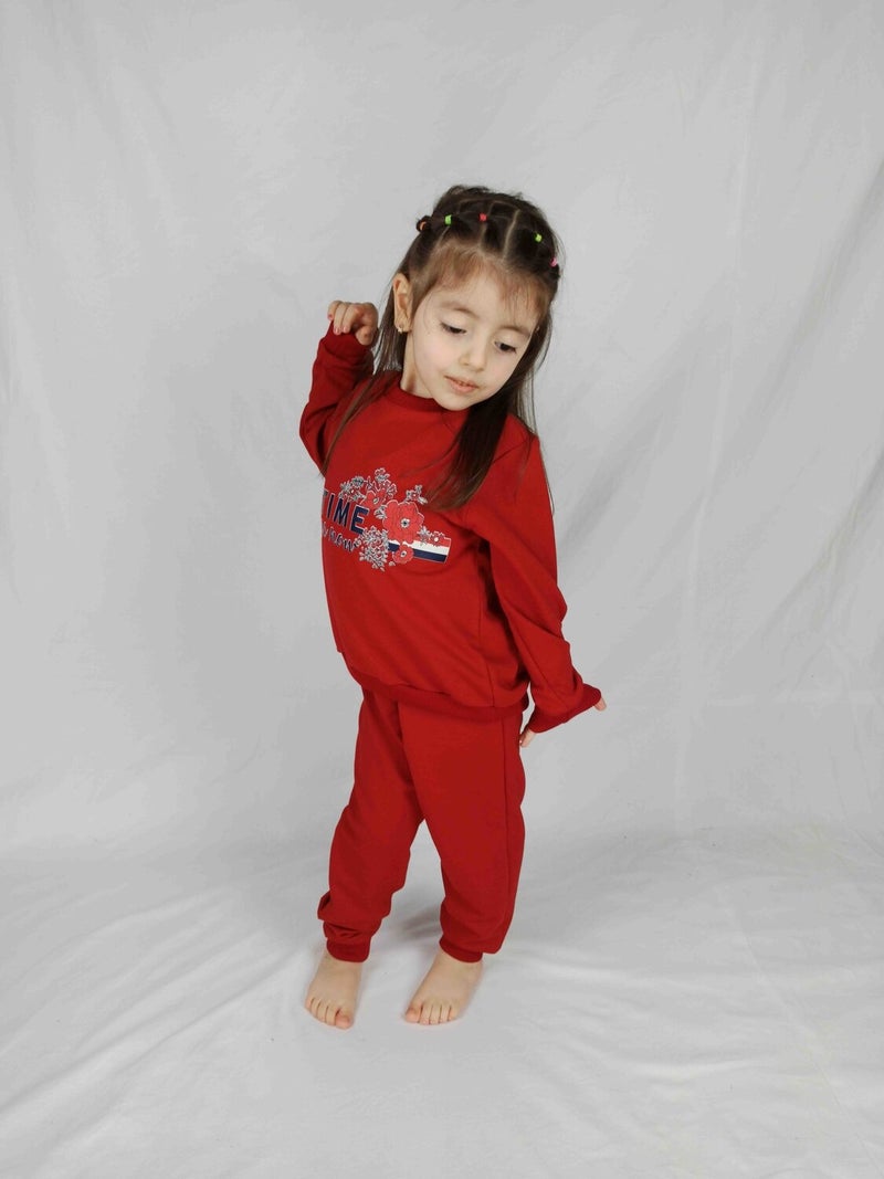 Girl's Red Printed Cotton Tracksuit Set