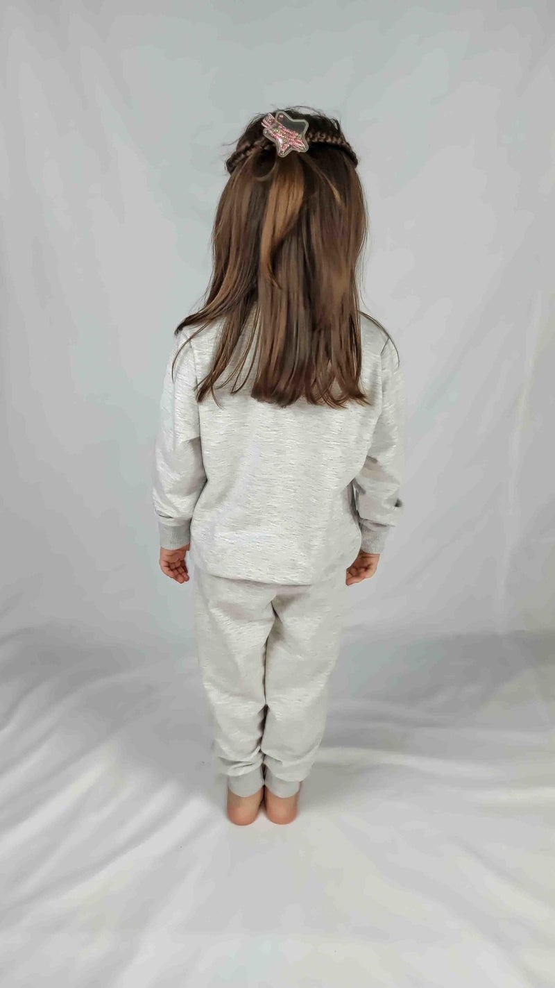 Girl's Gray Printed Cotton Tracksuit Set