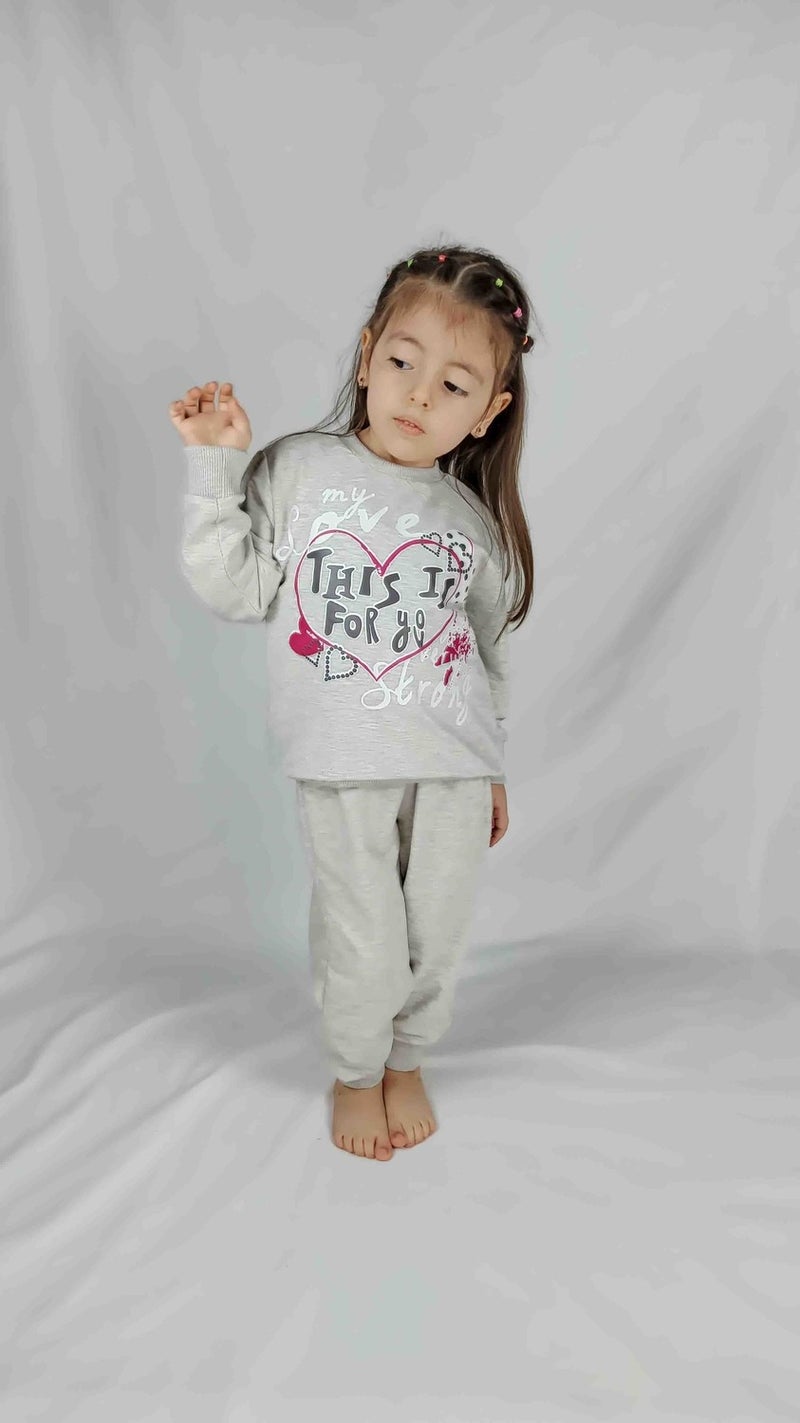 Girl's Gray Printed Cotton Tracksuit Set