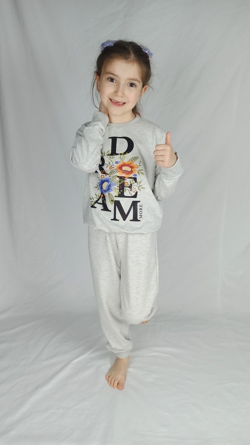 Girl Waiter Gray Printed Cotton Tracksuit Set