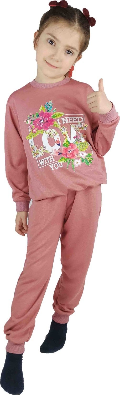 Girl Waiter Pink Printed Cotton Tracksuit Set