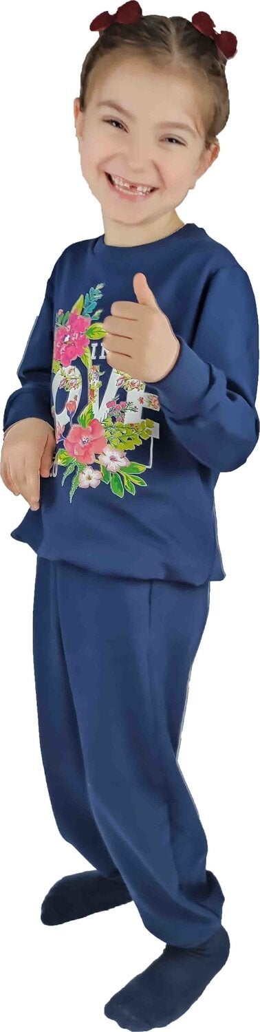 Girl Waitress Navy Blue Printed Cotton Tracksuit Set