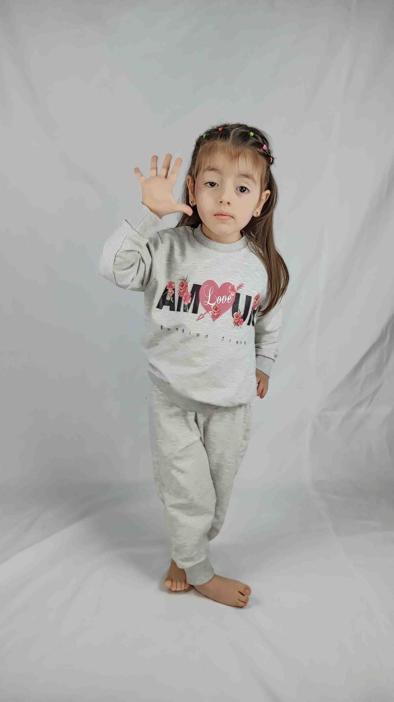 Girl's Gray Printed Cotton Tracksuit Set