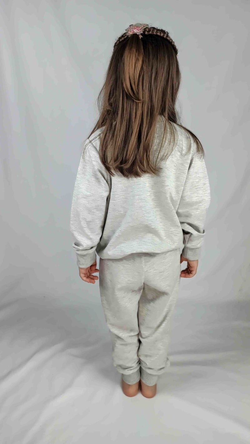 Girl's Gray Printed Cotton Tracksuit Set