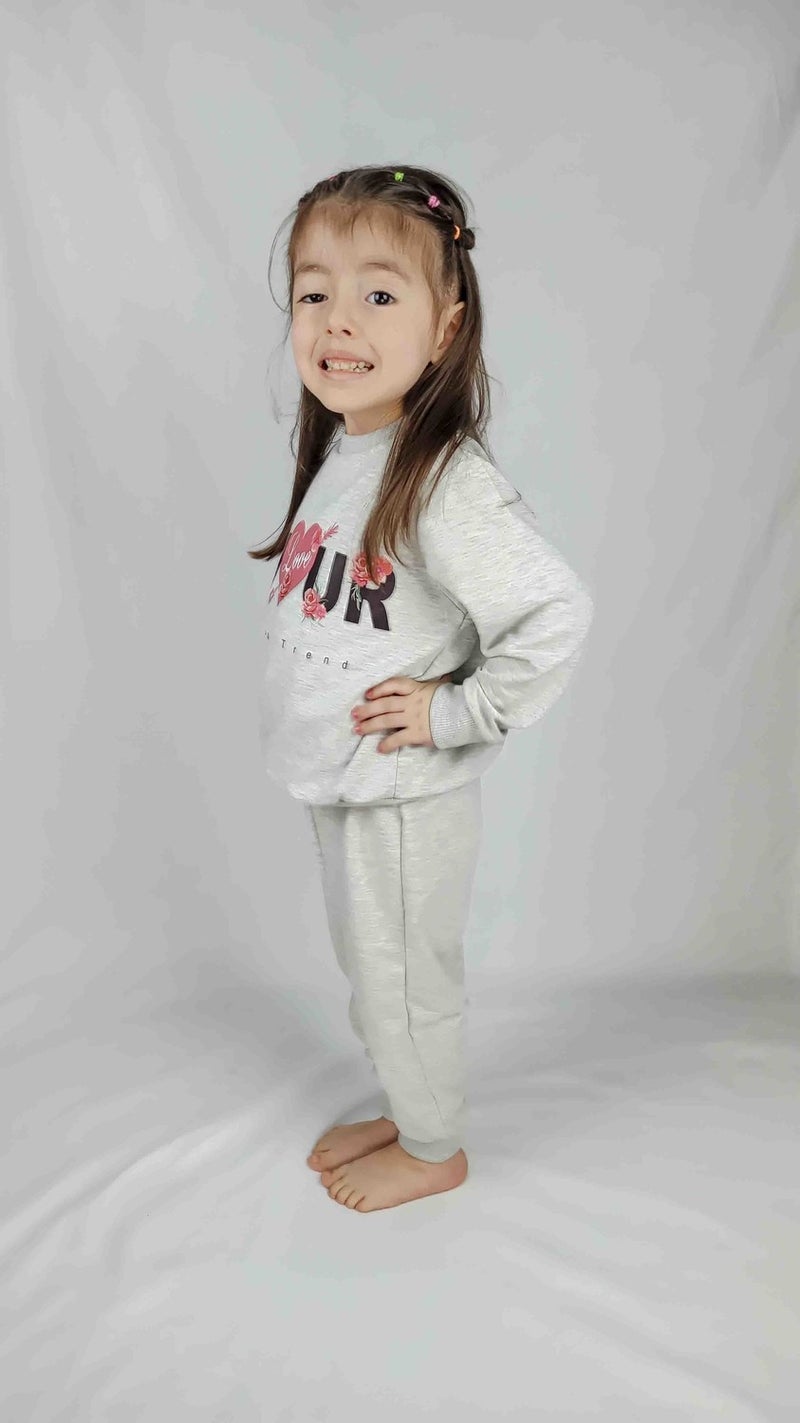 Girl's Gray Printed Cotton Tracksuit Set