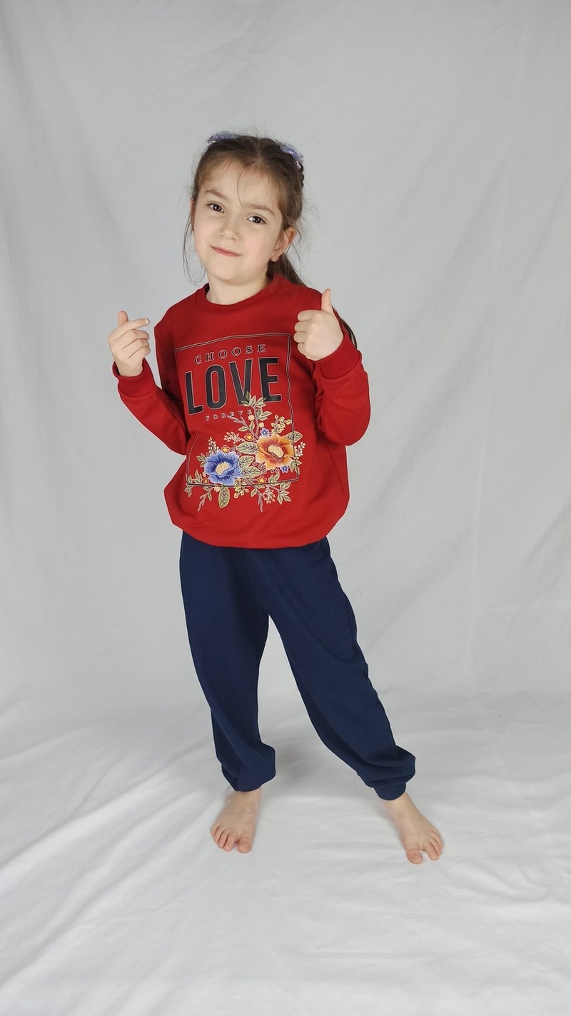 Girl Waiter Red Navy Blue Printed Cotton Tracksuit Set