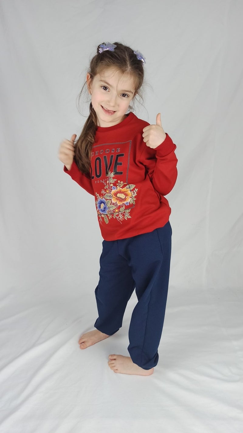 Girl Waiter Red Navy Blue Printed Cotton Tracksuit Set