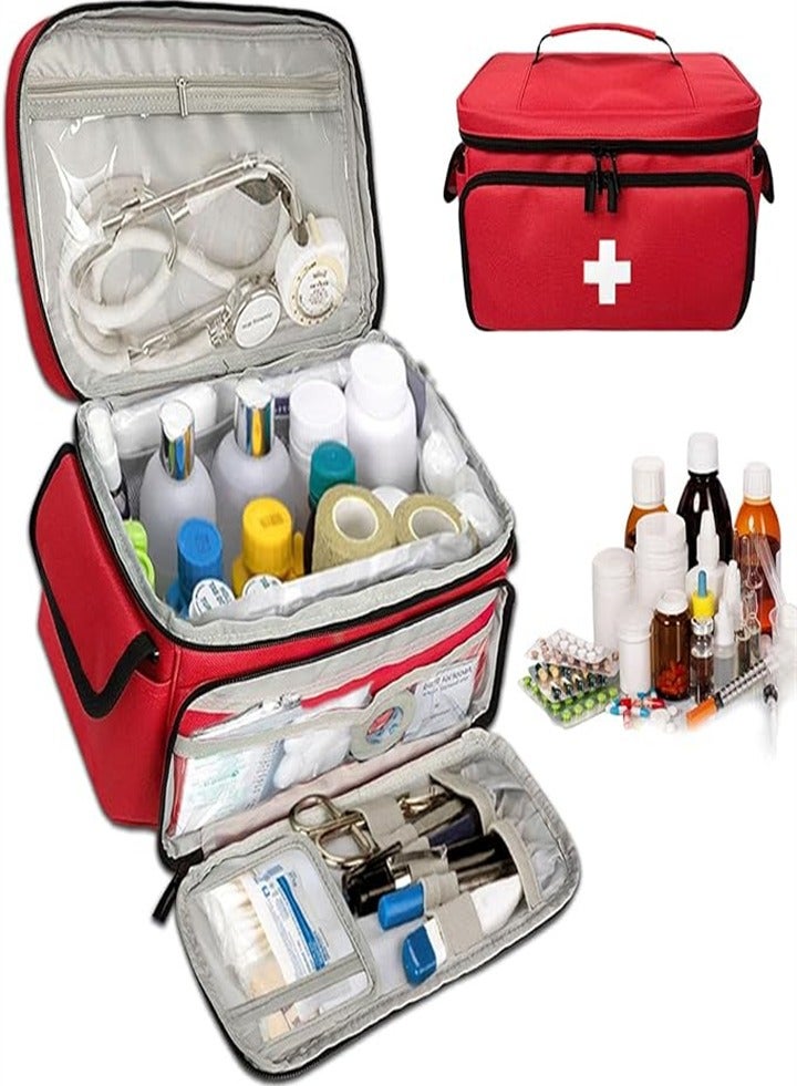 Large capacity medicine box, layered home first aid kit, portable fabric storage bag, waterproof large size, home travel medicine bag