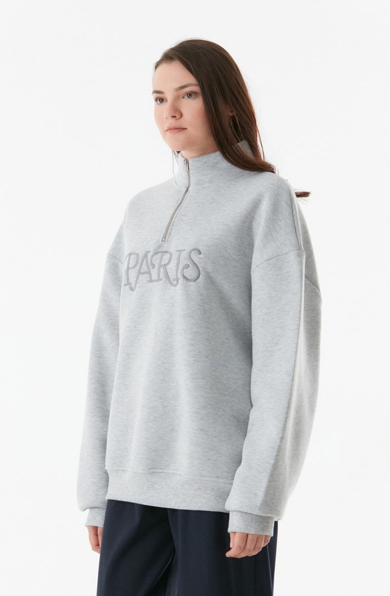 Paris Embroidered Stand Collar Sweatshirt