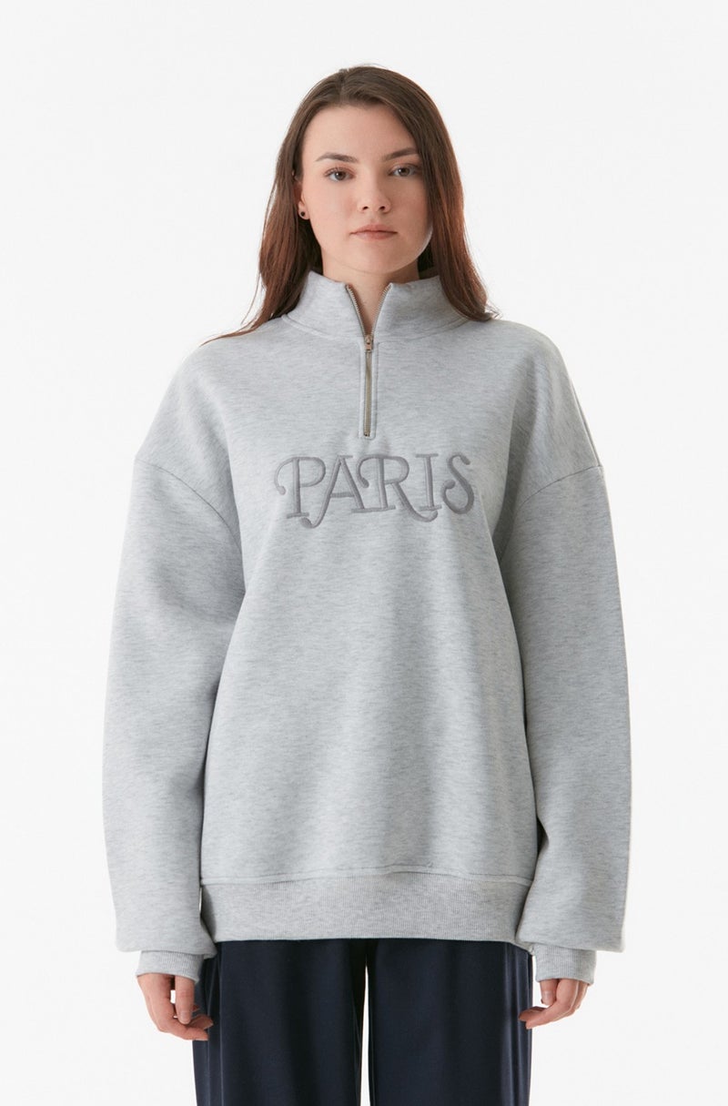 Paris Embroidered Stand Collar Sweatshirt