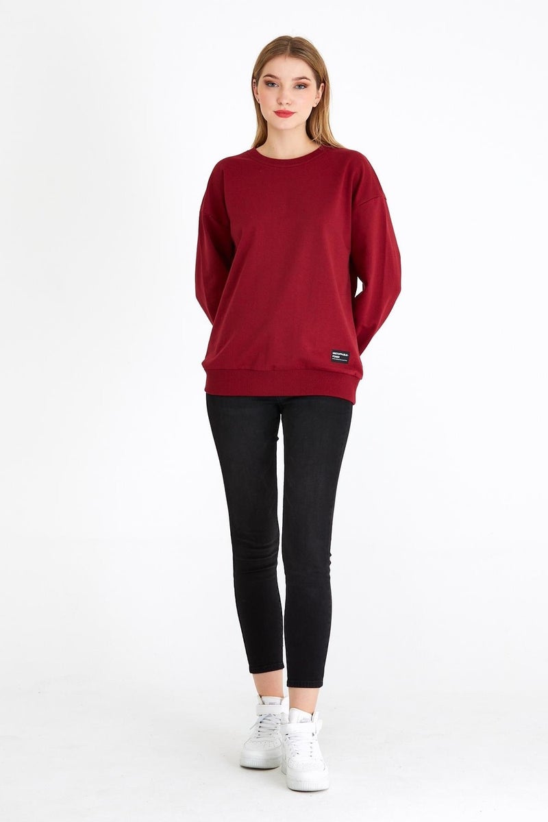 Women's Burgundy Color Basic Crew Neck Sweatshirt