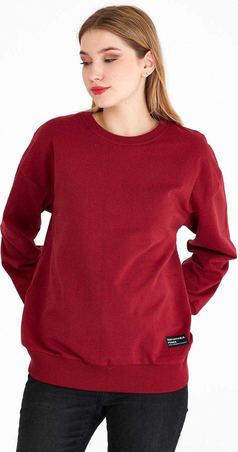 Women's Burgundy Color Basic Crew Neck Sweatshirt