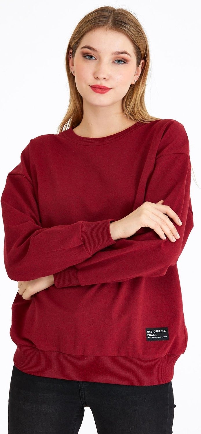 Women's Burgundy Color Basic Crew Neck Sweatshirt