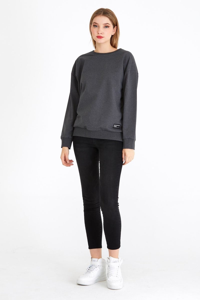 Women's Anthracite Color Basic Crew Neck Sweatshirt