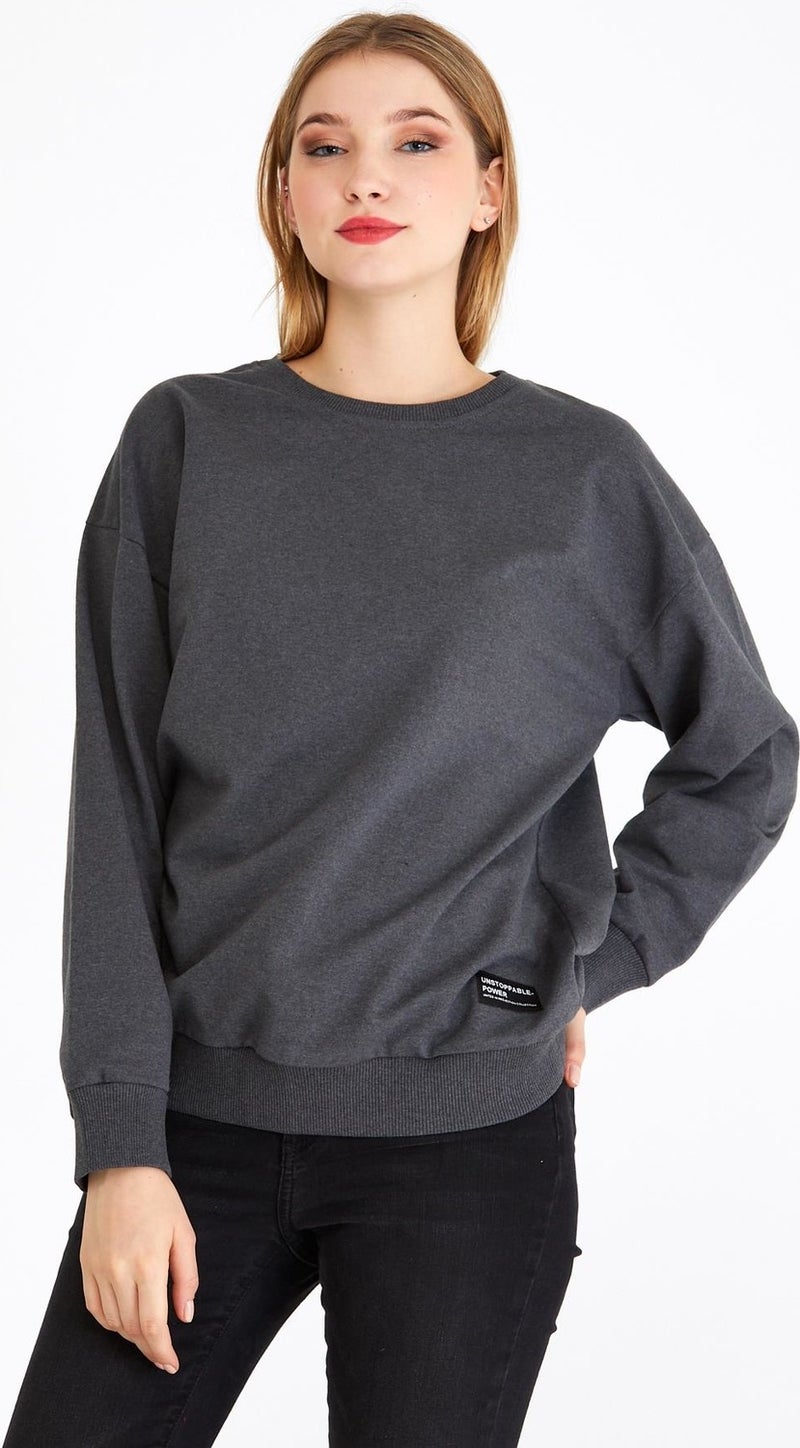 Women's Anthracite Color Basic Crew Neck Sweatshirt