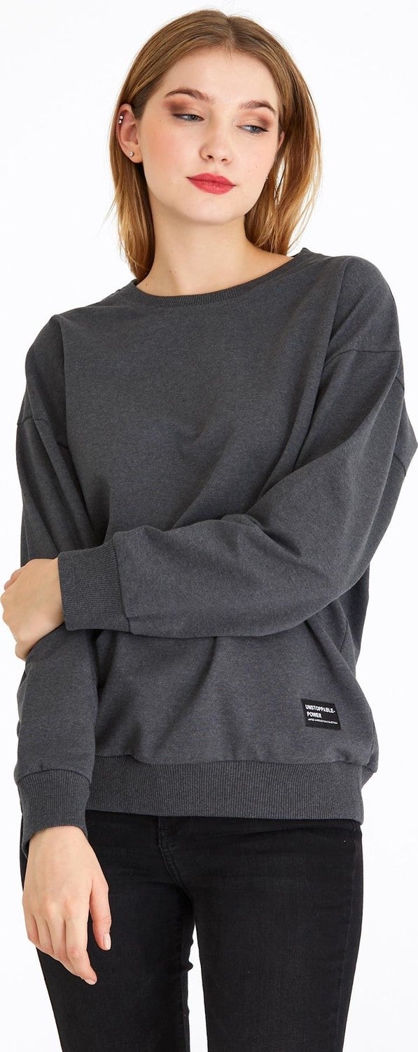 Women's Anthracite Color Basic Crew Neck Sweatshirt