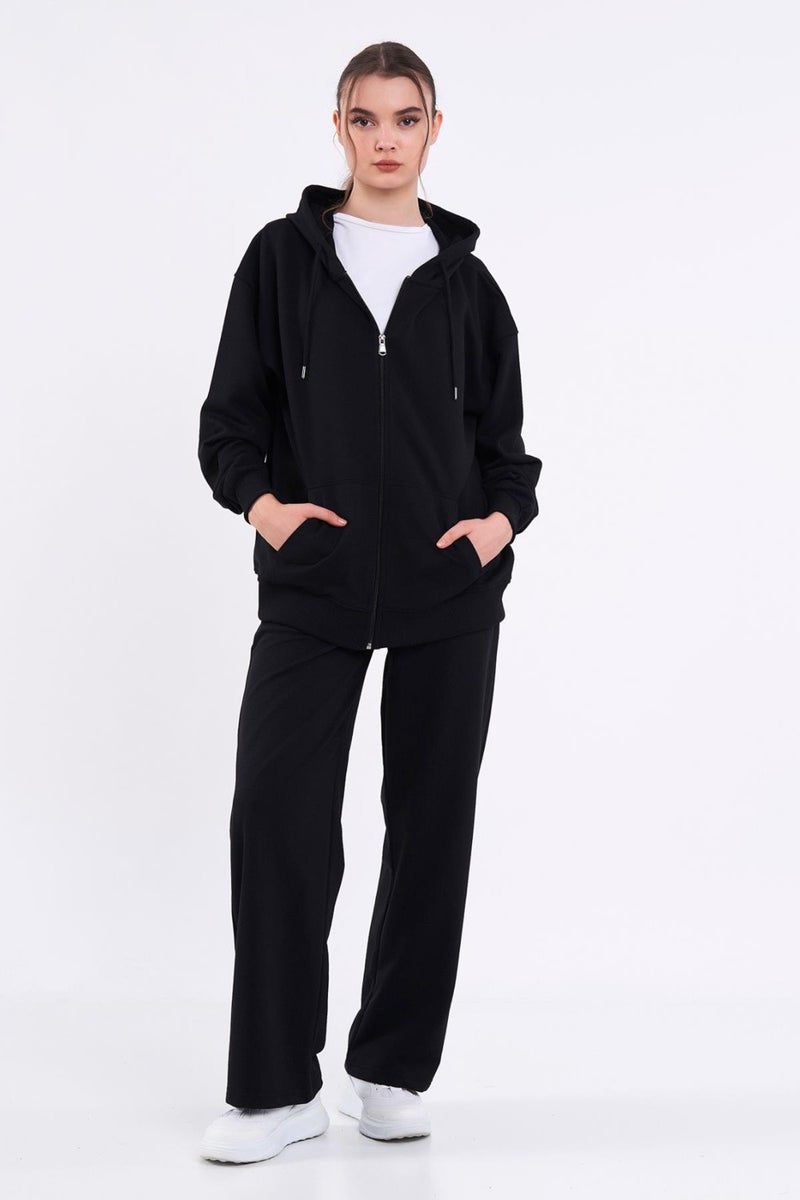 Black Kangaroo Pocket Hooded Zipper Oversize Women's Sweatshirt