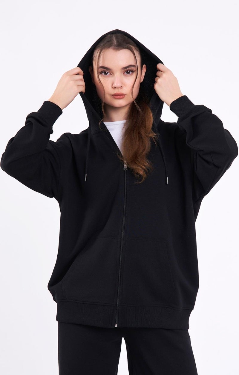 Black Kangaroo Pocket Hooded Zipper Oversize Women's Sweatshirt