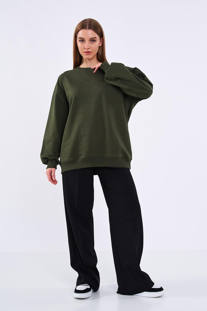 Metalic Khaki Women's Cotton Oversize Basic Crew Neck Sweatshirt