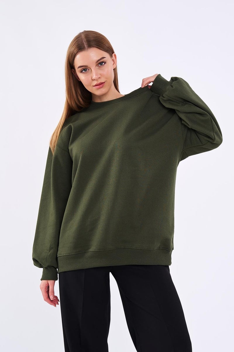 Metalic Khaki Women's Cotton Oversize Basic Crew Neck Sweatshirt