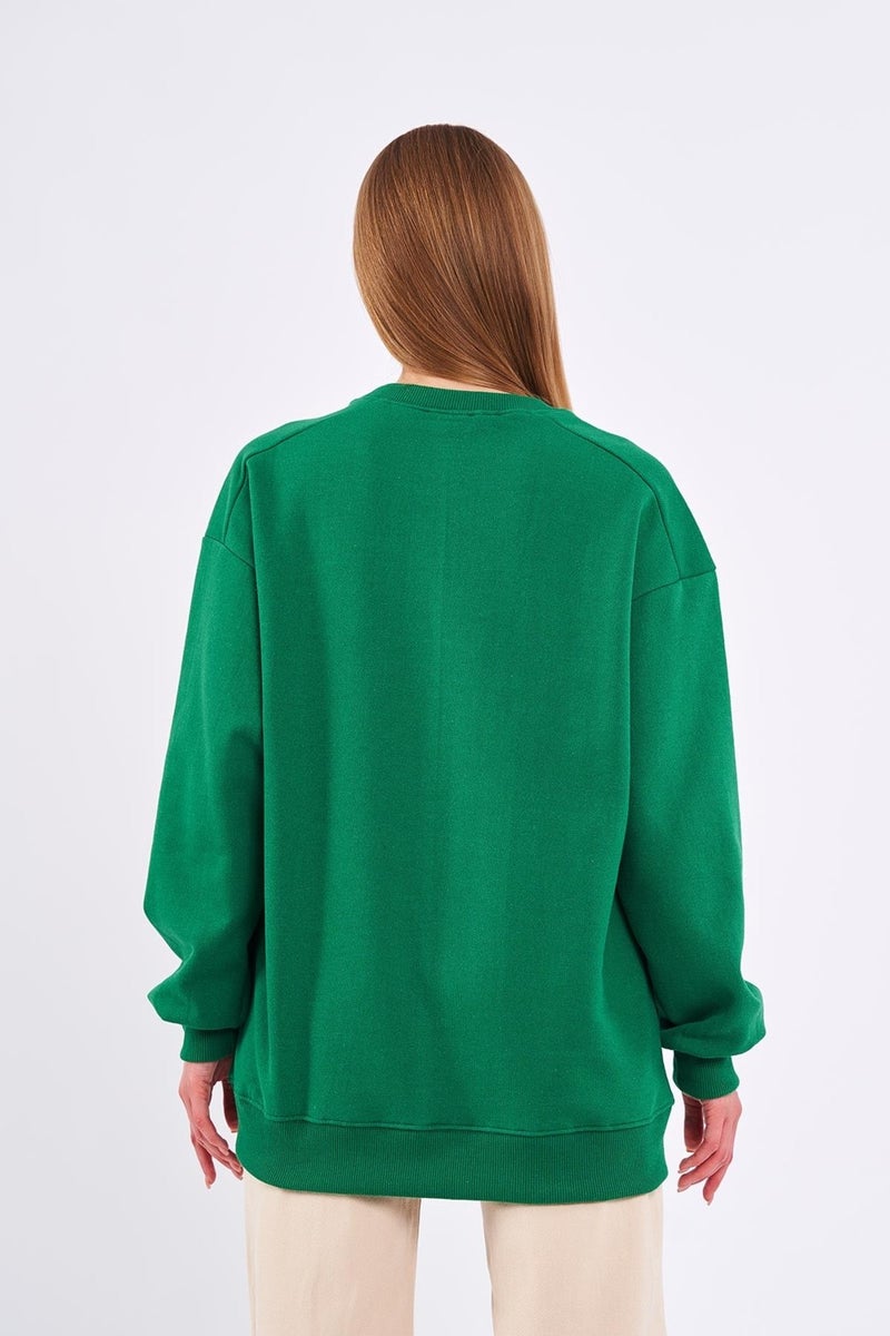 Green Women's Cotton Oversize Basic Crew Neck Sweatshirt