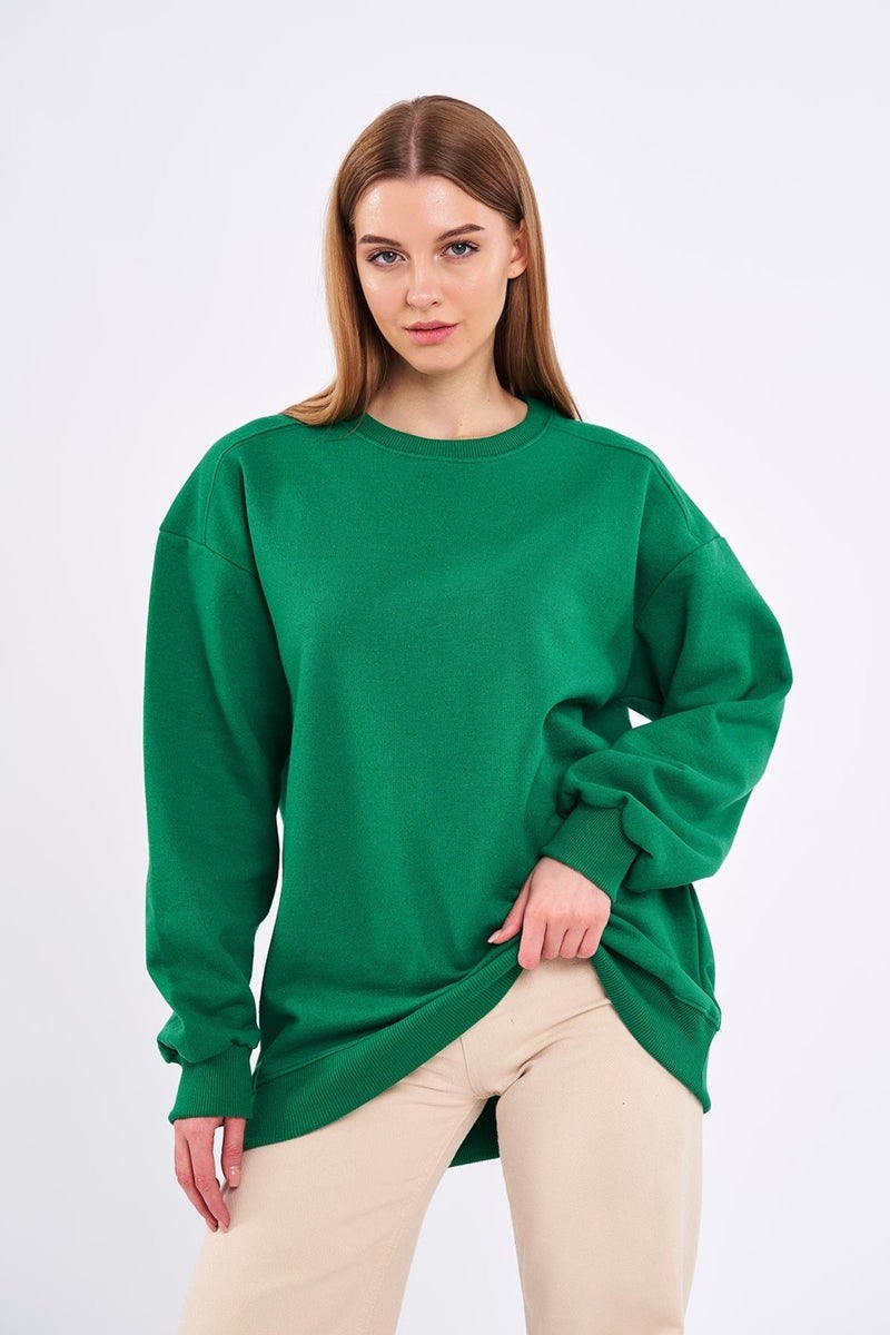 Green Women's Cotton Oversize Basic Crew Neck Sweatshirt