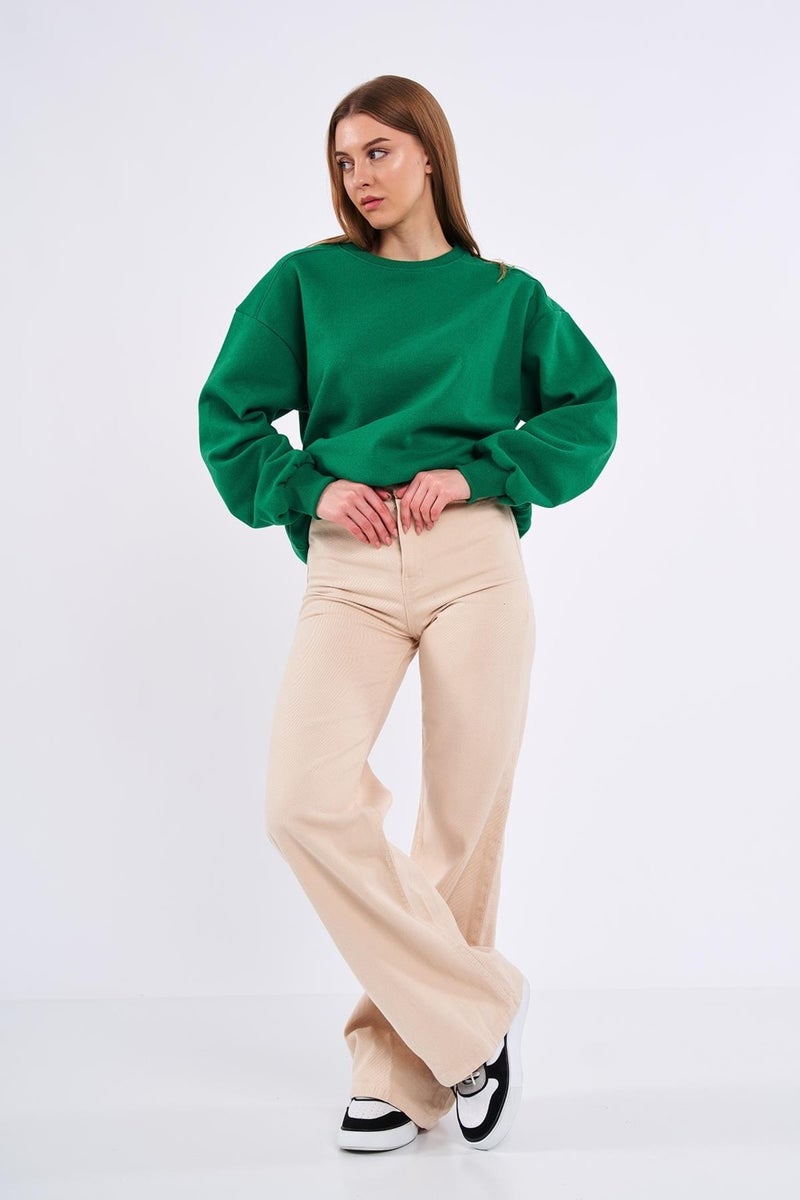 Green Women's Cotton Oversize Basic Crew Neck Sweatshirt